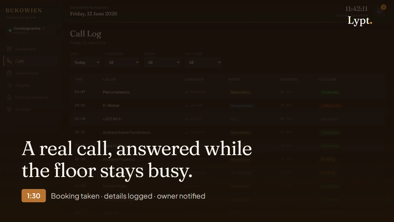 Preview frame of a real restaurant call being answered by the Lypt phone concierge