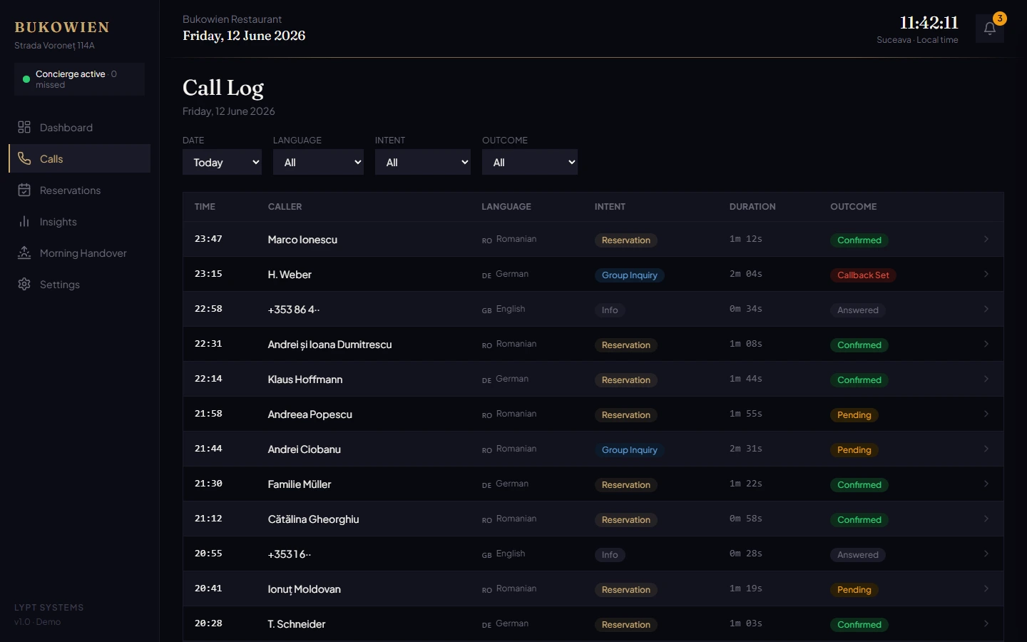 Call log page showing every call answered, in Romanian, German, and English