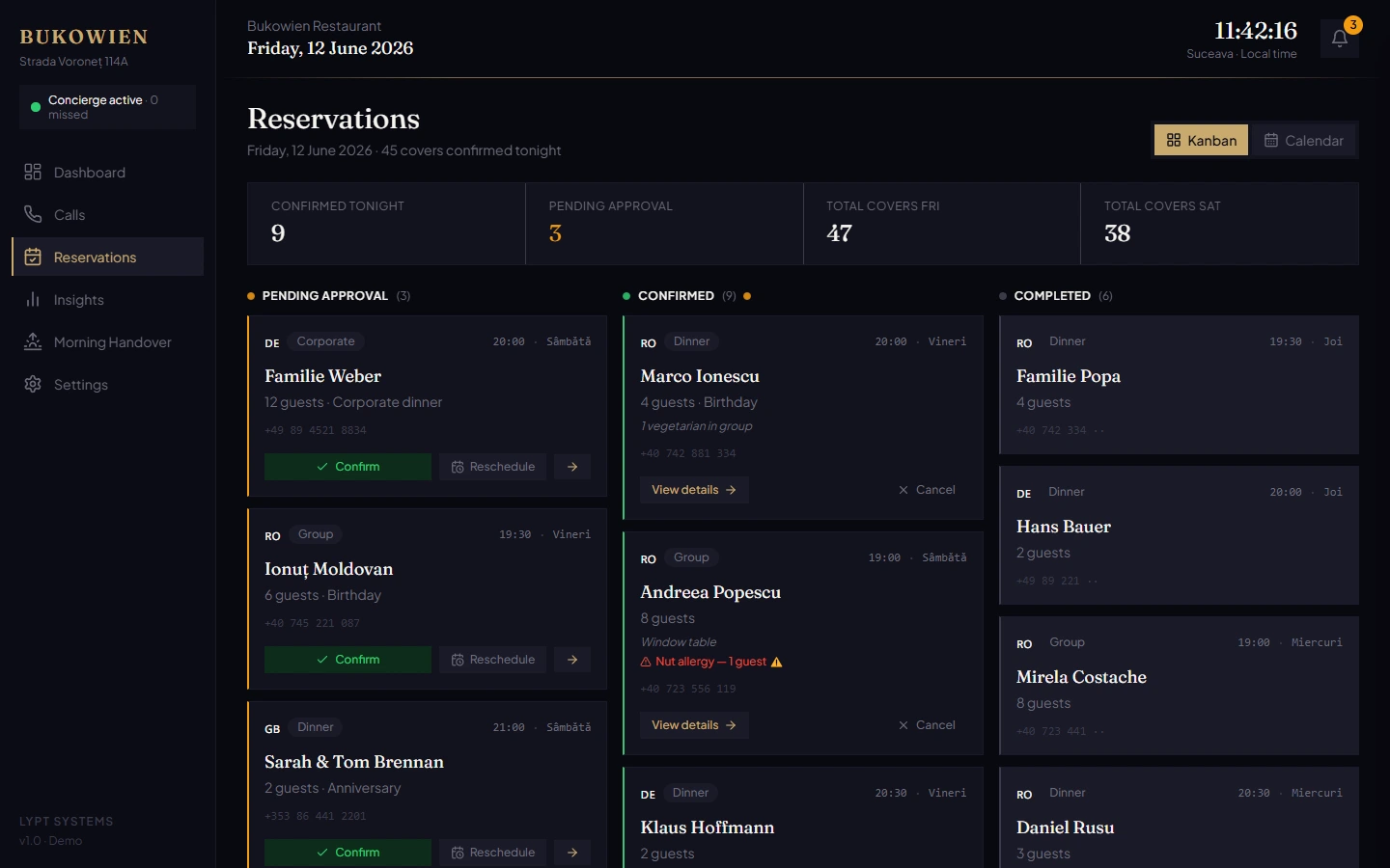 Reservations page with pending, confirmed, and completed bookings, 45 covers tonight